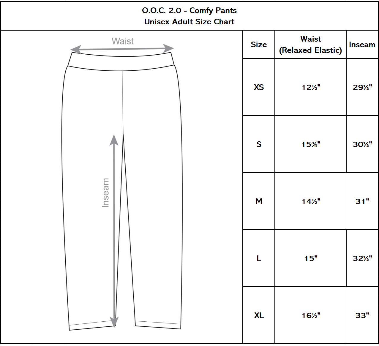 O.O.C. 2.0 SIZE CHART